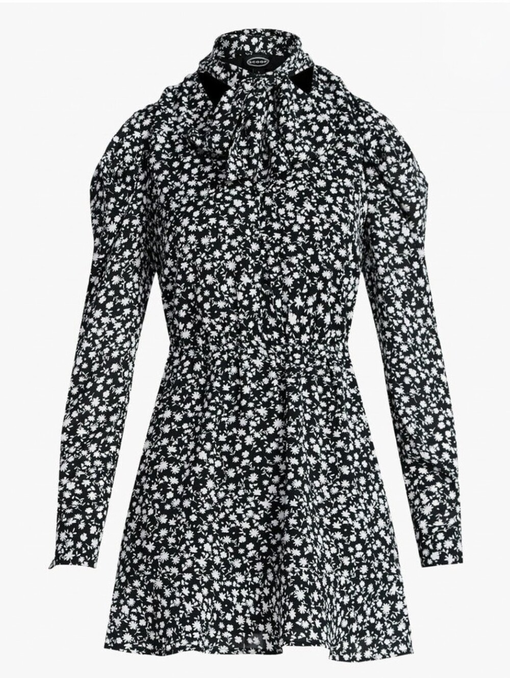 Scoop Black & White Ditsy Floral Tie-Neck Mini Dress Long Sleeve